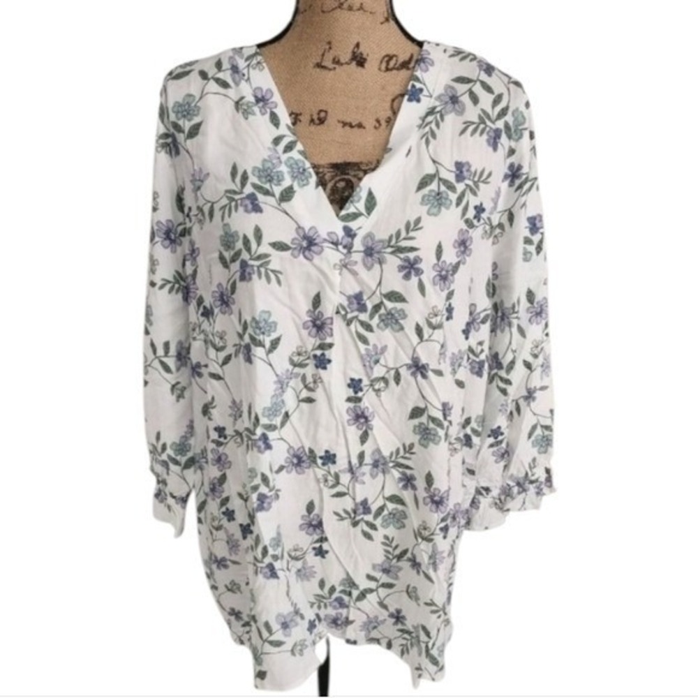 Como Blu Women Floral V-Neck 3/4 Ruffle Sleeve Rayon Blouse White Purple 2X NEW
